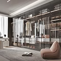 Elegant Modern Walk in Closet Interior Design With Glass Doors Hanging Clothes And Bags
