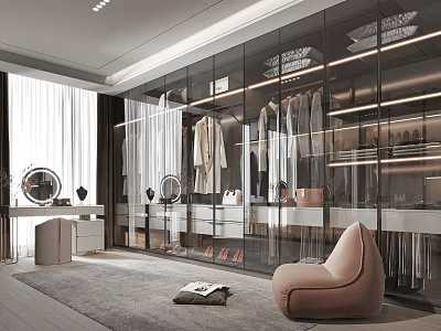 Elegant Modern Walk in Closet Interior Design With Glass Doors Hanging Clothes And Bags 3d model