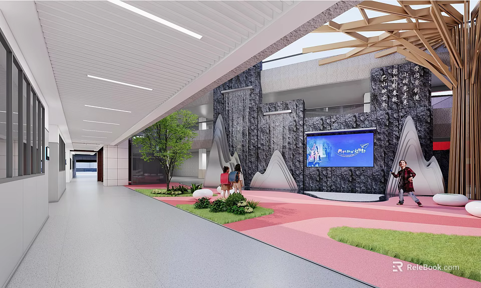 Modern School Lobby With Stone Wall Green Plants Wooden Beams And Large Screen 3d model 