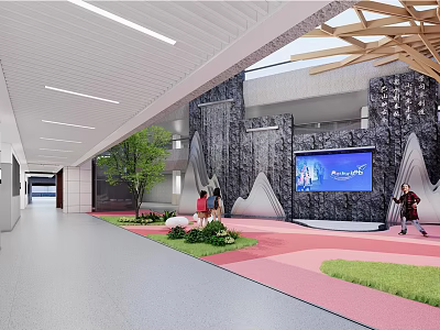 Modern School Lobby With Stone Wall Green Plants Wooden Beams And Large Screen 3d model