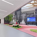Modern School Lobby With Stone Wall Green Plants Wooden Beams And Large Screen