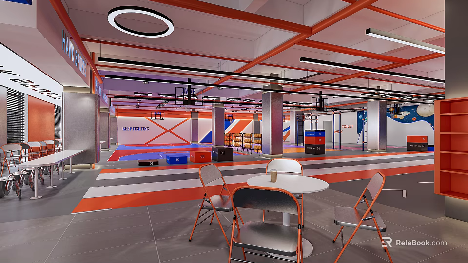 Modern Fitness Gym Space With Training Area Workout Equipment And Rest Seating Area 3d model 