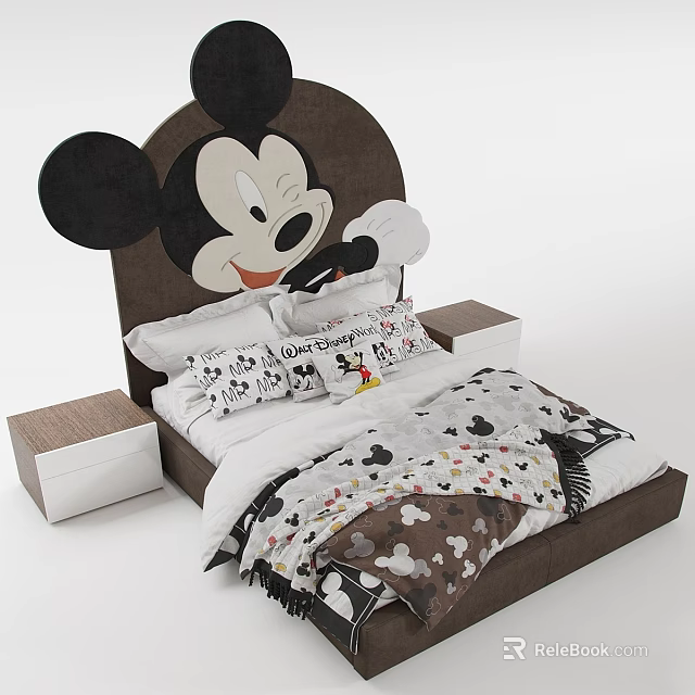 Mickey Mouse Themed Kids Bed With Face Shaped Headboard Printed Pillows And Bedspread 3d model 