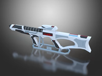 Futuristic Sci Fi Gun With White Black Red And Blue Details On Stand 3d model