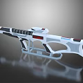 Futuristic Sci Fi Gun With White Black Red And Blue Details On Stand