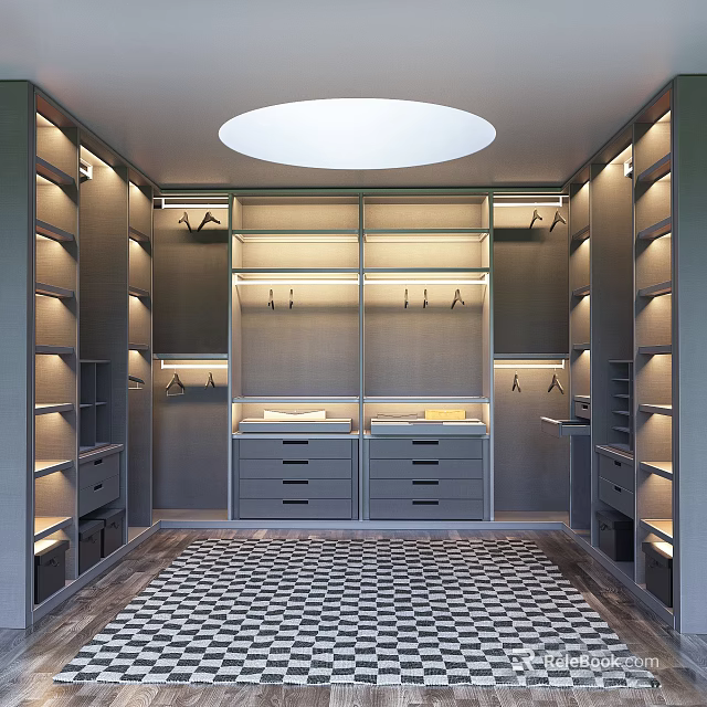 Modern Walk in Closet Design With Built in Lighting Drawers Hanging Rods And Checkerboard Floor 3d model 