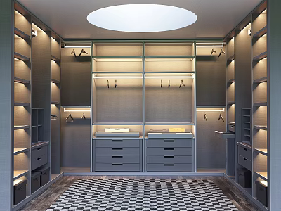 Modern Walk in Closet Design With Built in Lighting Drawers Hanging Rods And Checkerboard Floor 3d model