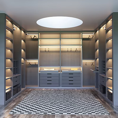Modern Walk in Closet Design With Built in Lighting Drawers Hanging Rods And Checkerboard Floor 3d model