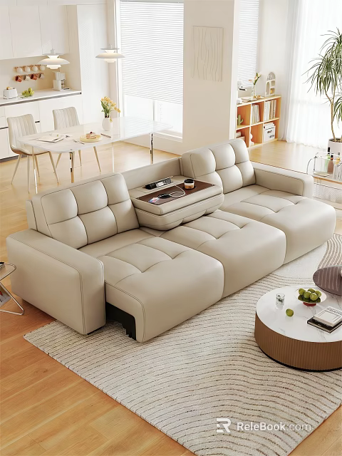 Modern Leather Sofa Bed With Center Table And Comfortable Living Room Design 3d model 