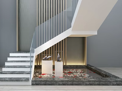 Elegant Modern Staircase With Glass Railing And Marble Steps By Water Feature 3d model