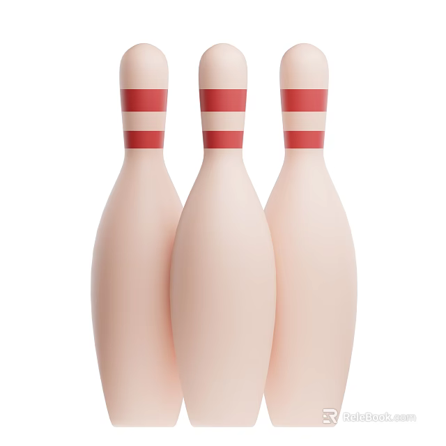 Set Of Three White Bowling Pins With Red Stripes For Sports Equipment 3d model 
