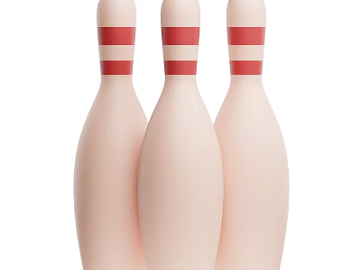 Set Of Three White Bowling Pins With Red Stripes For Sports Equipment 3d model
