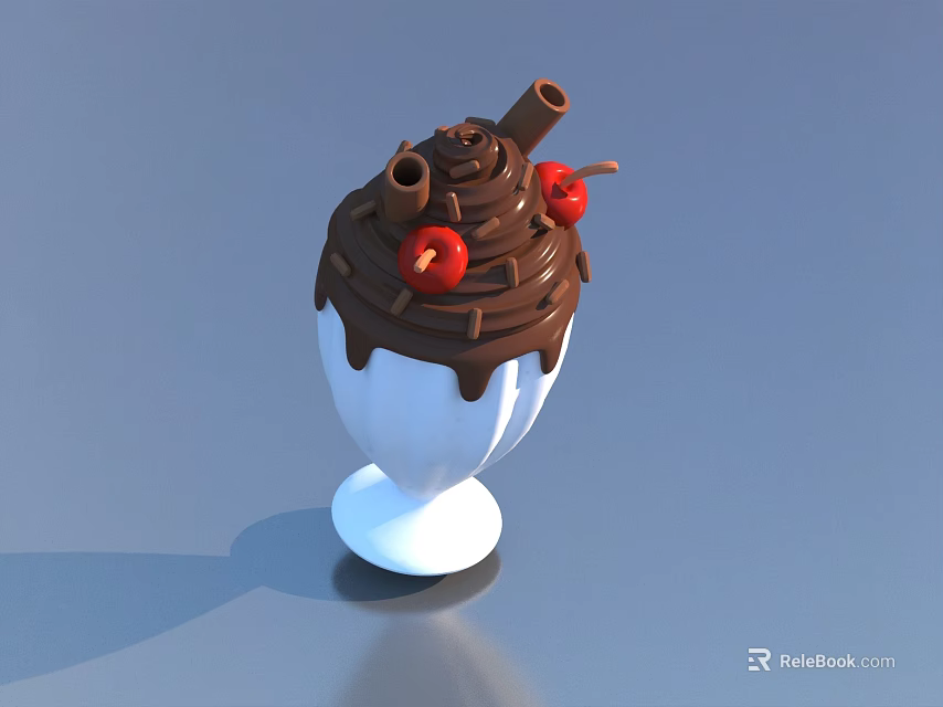 White Ice Cream Cup Topped With Chocolate Sauce Cherries And Chocolate Sticks 3d model 