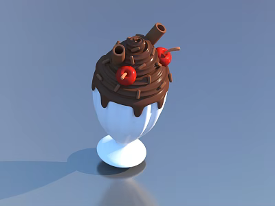 White Ice Cream Cup Topped With Chocolate Sauce Cherries And Chocolate Sticks 3d model
