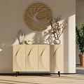 Modern White Entryway Cabinet Sideboard With Decorative Vases Circular Wall Art And Potted Plant