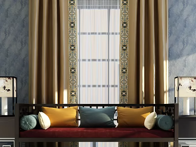 Elegant Sectional Sofa With Colorful Pillows Blue Walls And Decorative Curtains 3d model