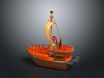 Orange Wooden Small Boat Model With Yellow Striped Sail And Cabin 3d model