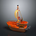 Orange Wooden Small Boat Model With Yellow Striped Sail And Cabin