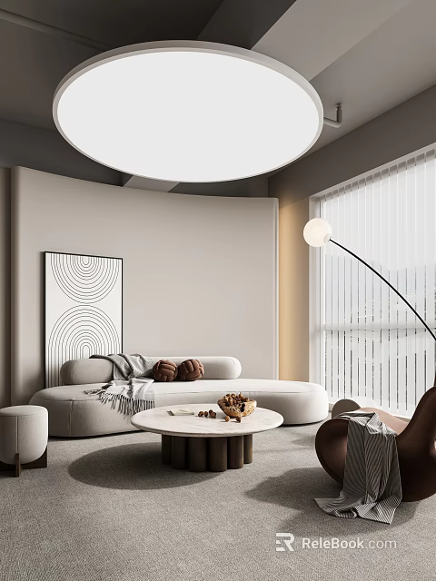 Curved Beige Sofa With Throw Pillows Round Coffee Table Living Room Artwork Floor Lamp Blinds 3d model 