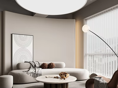 Curved Beige Sofa With Throw Pillows Round Coffee Table Living Room Artwork Floor Lamp Blinds 3d model
