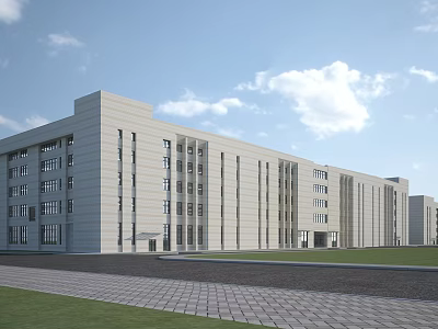 Modern Industrial Factory Building Exterior With Multi Storey Structure Large Windows And Open Lawn Area 3d model