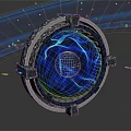 Cartoon Scene Featuring Circular Device With Blue Light Effects Surrounding Globe Blue Streaks And Particles