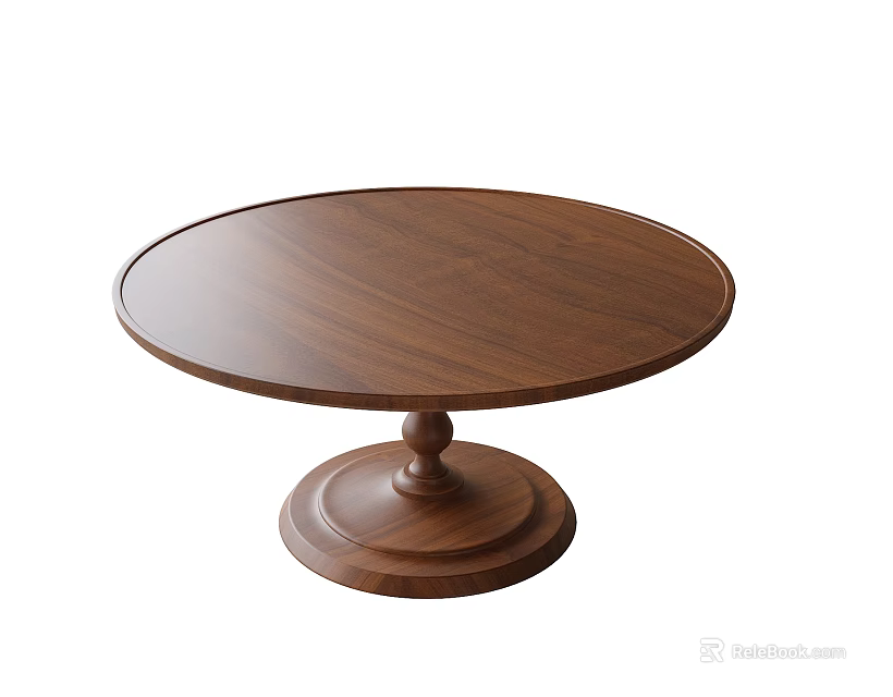 Round Walnut Wooden Dining Table With Solid Wood Top And Pedestal Base 3d model