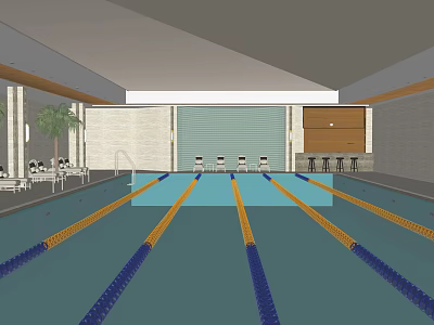 Indoor Swimming Pool With Blue Yellow Lane Lines Rest Area Chairs And Side Plants 3d model