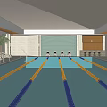 Indoor Swimming Pool With Blue Yellow Lane Lines Rest Area Chairs And Side Plants