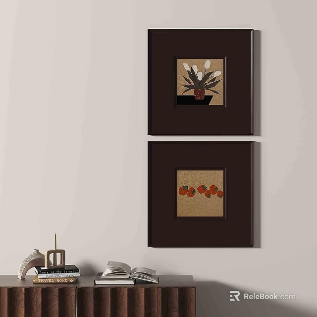 Decorative Botanical Paintings with Dark Frames Featuring White Flowers Red Fruits on Wall 3d model