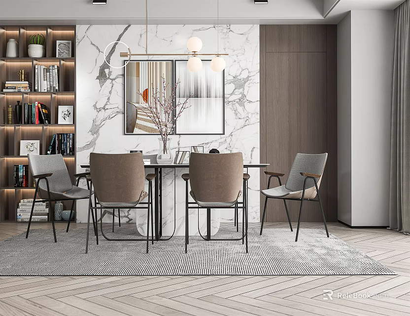 Modern Dining Room Interior With Stylish Table Set And Marble Wall Decor 3d model