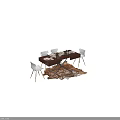 Wooden Dining Table and White Chairs Set with Cowhide Rug and Tableware Setup