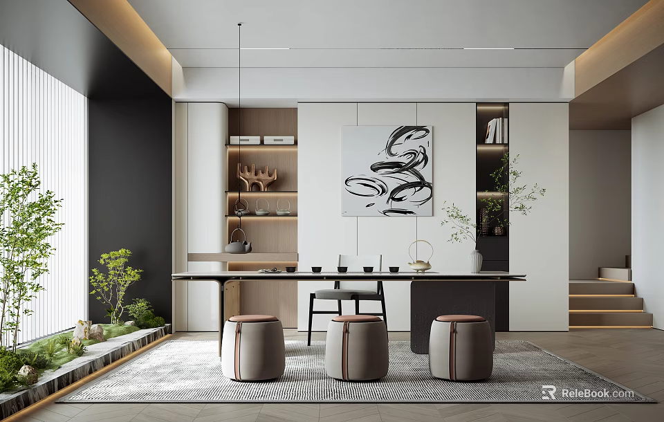 Modern Tea Room Interior With Table Stools Art And Plants 3d model