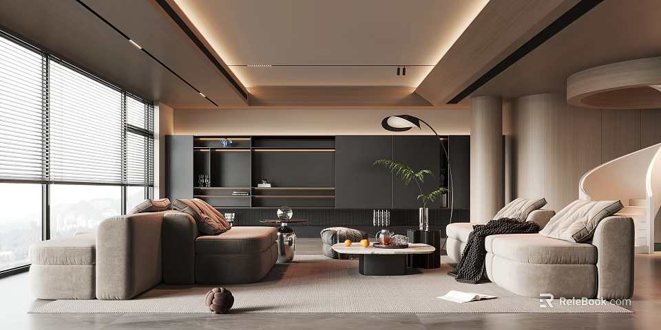Modern Living Room Interior Design With Beige Sofas Dark Shelves Floor Lamp And Green Plant 3d model 