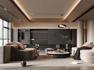 Modern Living Room Interior Design With Beige Sofas Dark Shelves Floor Lamp And Green Plant 3d model