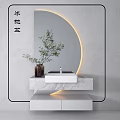 Modern Washbasin Vanity With Marble Countertop Circular Backlit Mirror Green Plant And White Cabinet