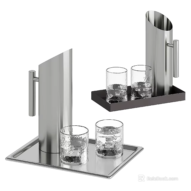Textured Glass Cups Placed On Stainless Steel Tray With Metal Stand 3d model 