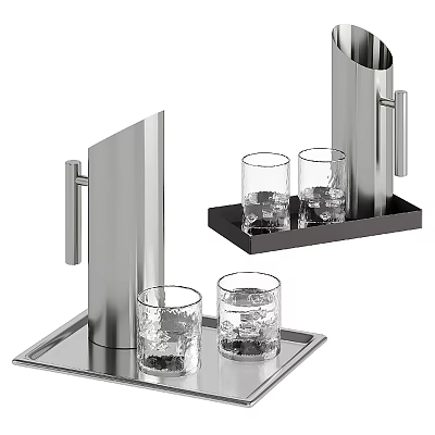 Textured Glass Cups Placed On Stainless Steel Tray With Metal Stand 3d model