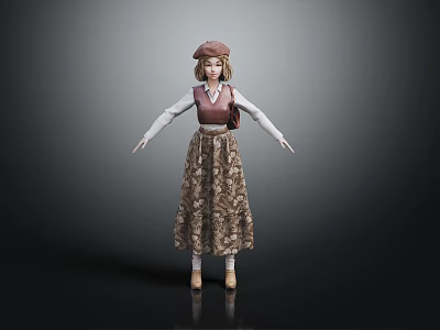3D Model Girl in Vintage Outfit With Brown Beret Patterned Skirt and White Sleeves 3d model