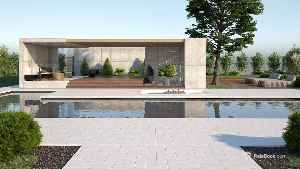 Modern Courtyard Garden With Swimming Pool Paved Patio Concrete Structure Outdoor Seating And Large Tree 3d model 
