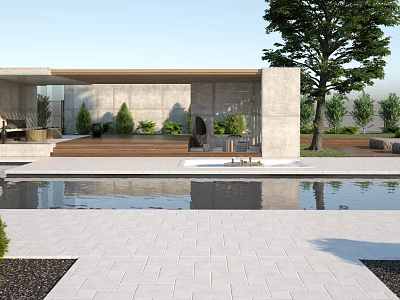 Modern Courtyard Garden With Swimming Pool Paved Patio Concrete Structure Outdoor Seating And Large Tree 3d model