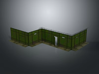 Green Metal Security Fence with Barbed Wire and L Shaped Gate Structure Design 3d model