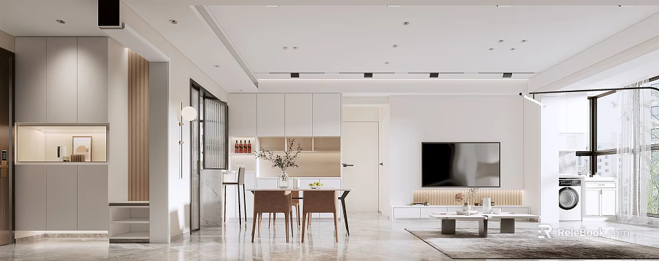 Modern Living and Dining Room Interior With Sofa TV Dining Table And Decorative Vase 3d model 