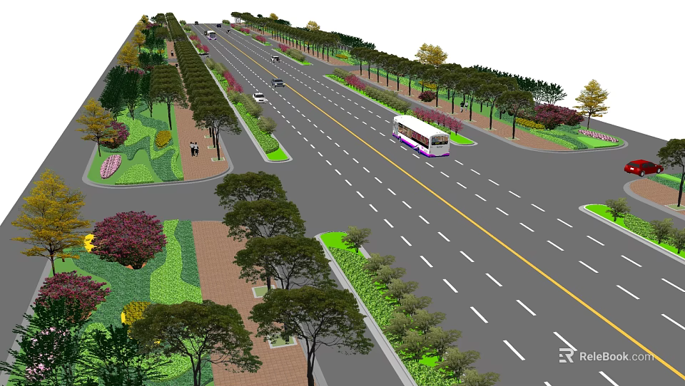 Well Designed Municipal Road With Lush Green Belts Trees Bus Lanes And Sidewalks 3d model 