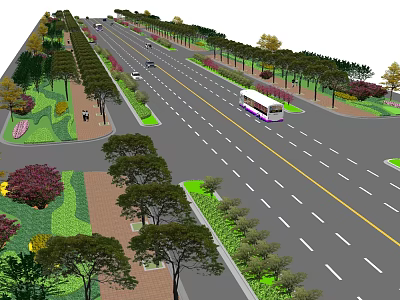 Well Designed Municipal Road With Lush Green Belts Trees Bus Lanes And Sidewalks 3d model