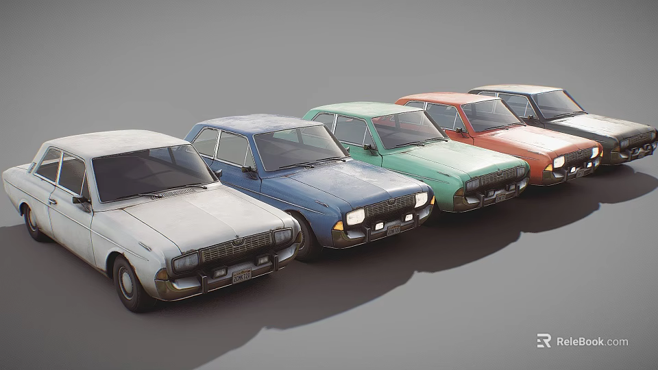 Row of Colorful Vintage Cars in Various Hues Parked in Line 3d model 