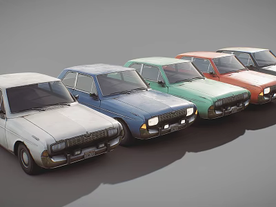 Row of Colorful Vintage Cars in Various Hues Parked in Line 3d model