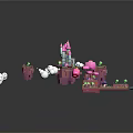 Cartoon Scene With Floating Islands Pink Castle Clouds Green Grass And Mushrooms