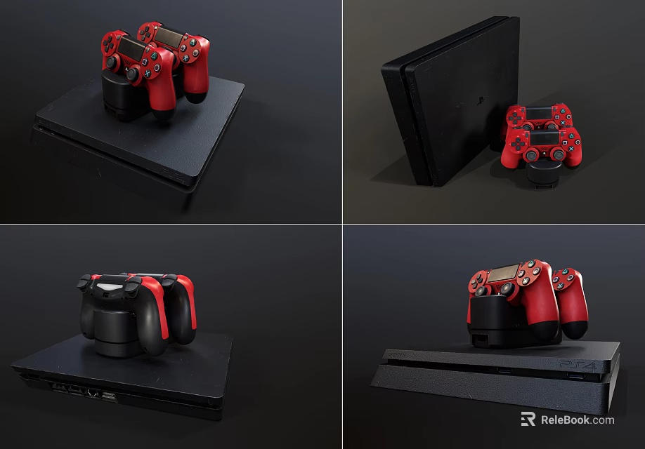 Modern Black Game Console With Red Controller Shown In Multiple Angles 3d model