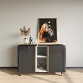 Dark Gray Console Table With Golden Trim Horse Painting And Decorative Items On Open Shelf